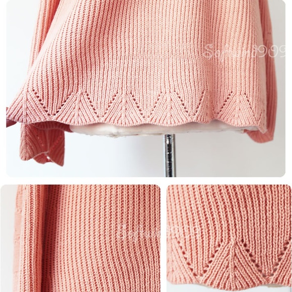 Peach Pink Scallop Edge Long Tunic Sweater Top - Picture 3 of 7